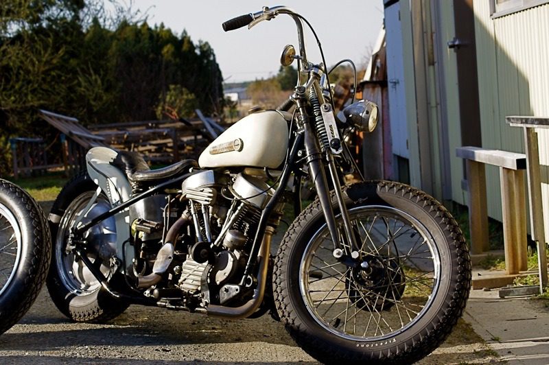 Custom Harley Davidson Motorcycle Bobber with appropriate retro tyres
