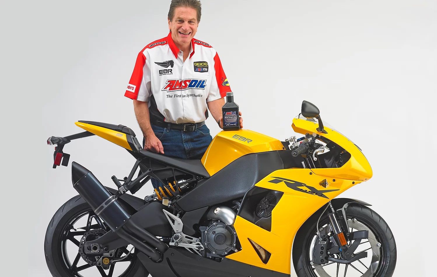 Erik Buell and the EBR 1190RX supersport, in a promo image from its announcement