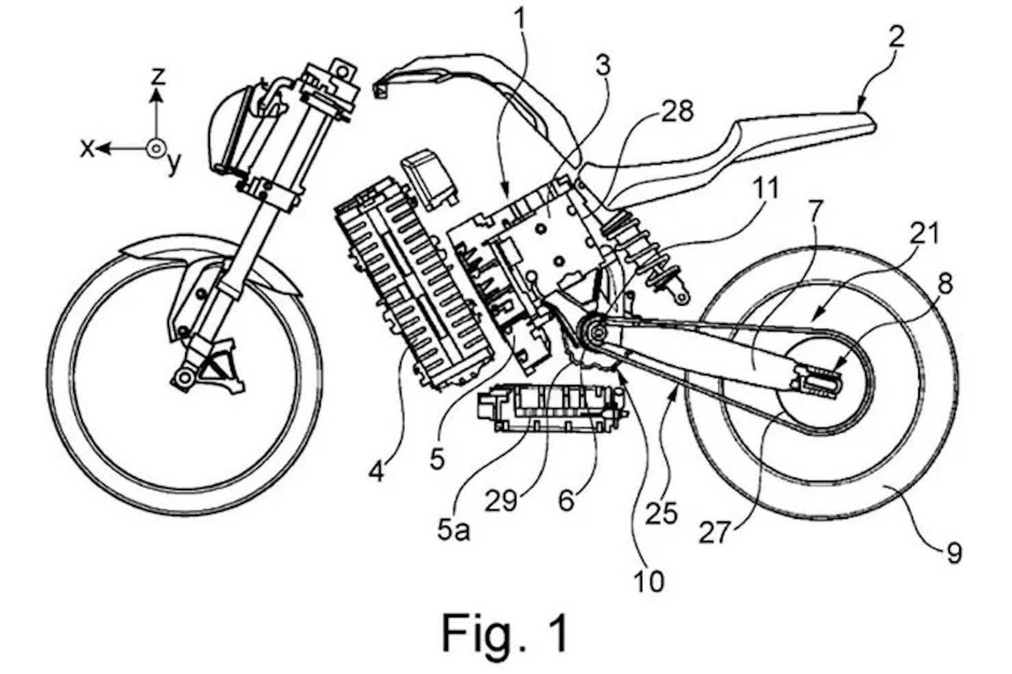 A view of the patent imagery connected to BMW's new electric motorcycles. Media sourced from Benetts.