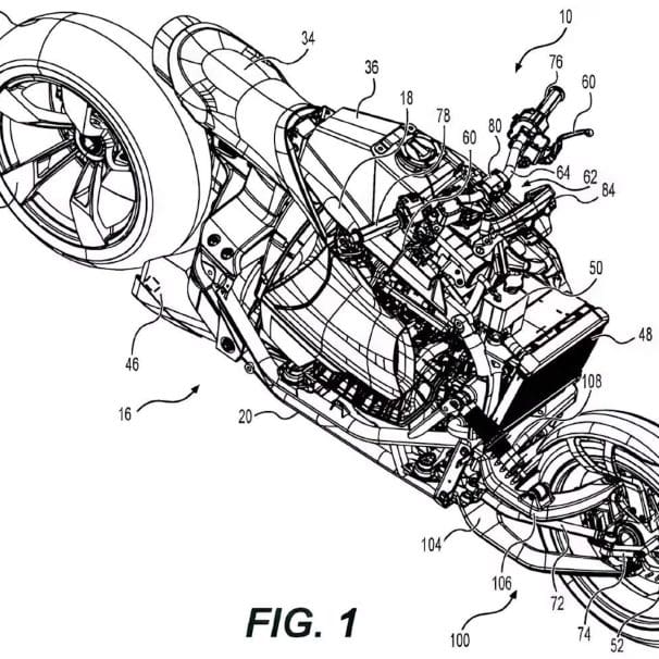 Patent images showing a hub-steering ICE bike underway in BRP's headquarters. Media sourced from CycleWorld.