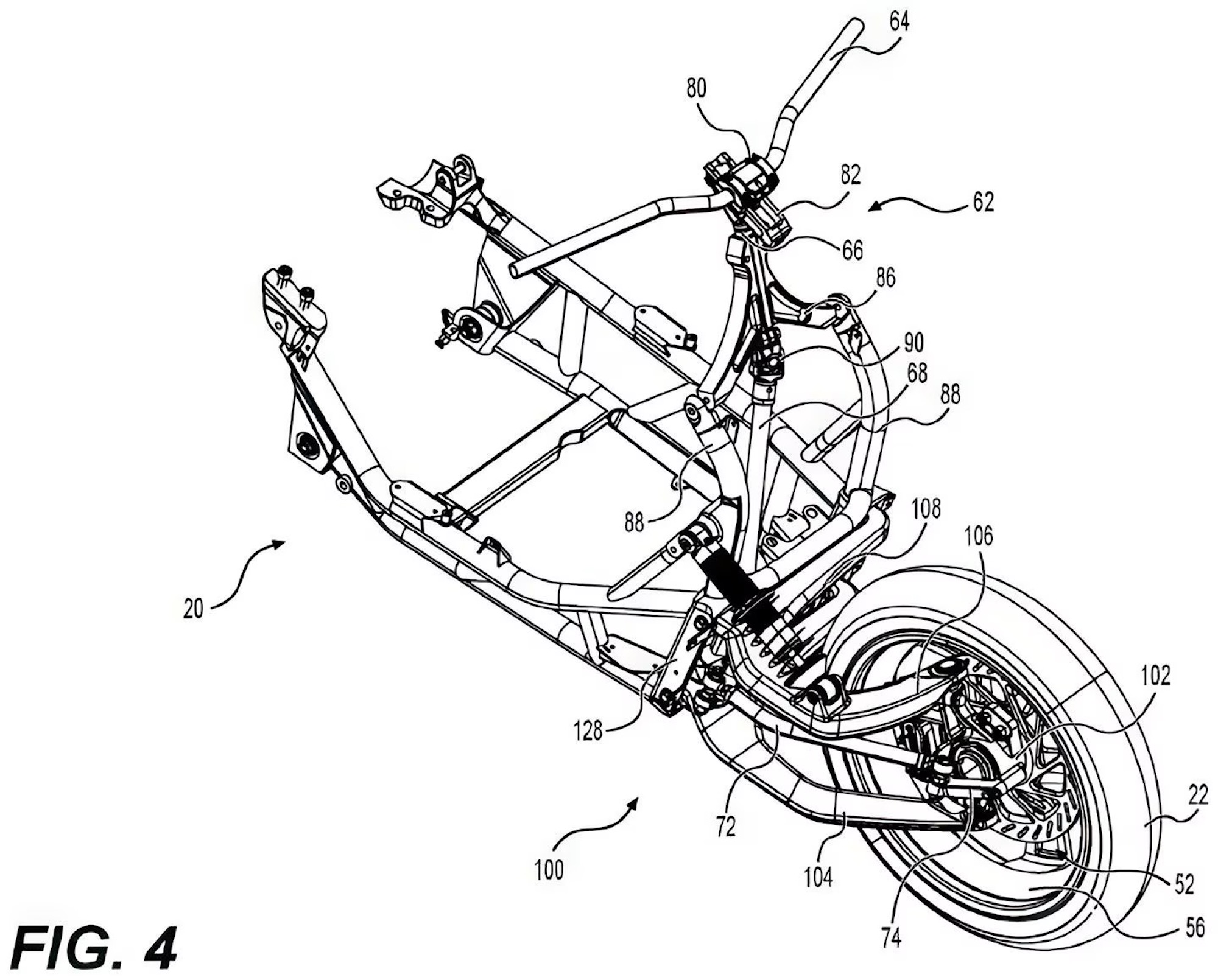 Patent images showing a hub-steering ICE bike underway in BRP's headquarters. Media sourced from CycleWorld.