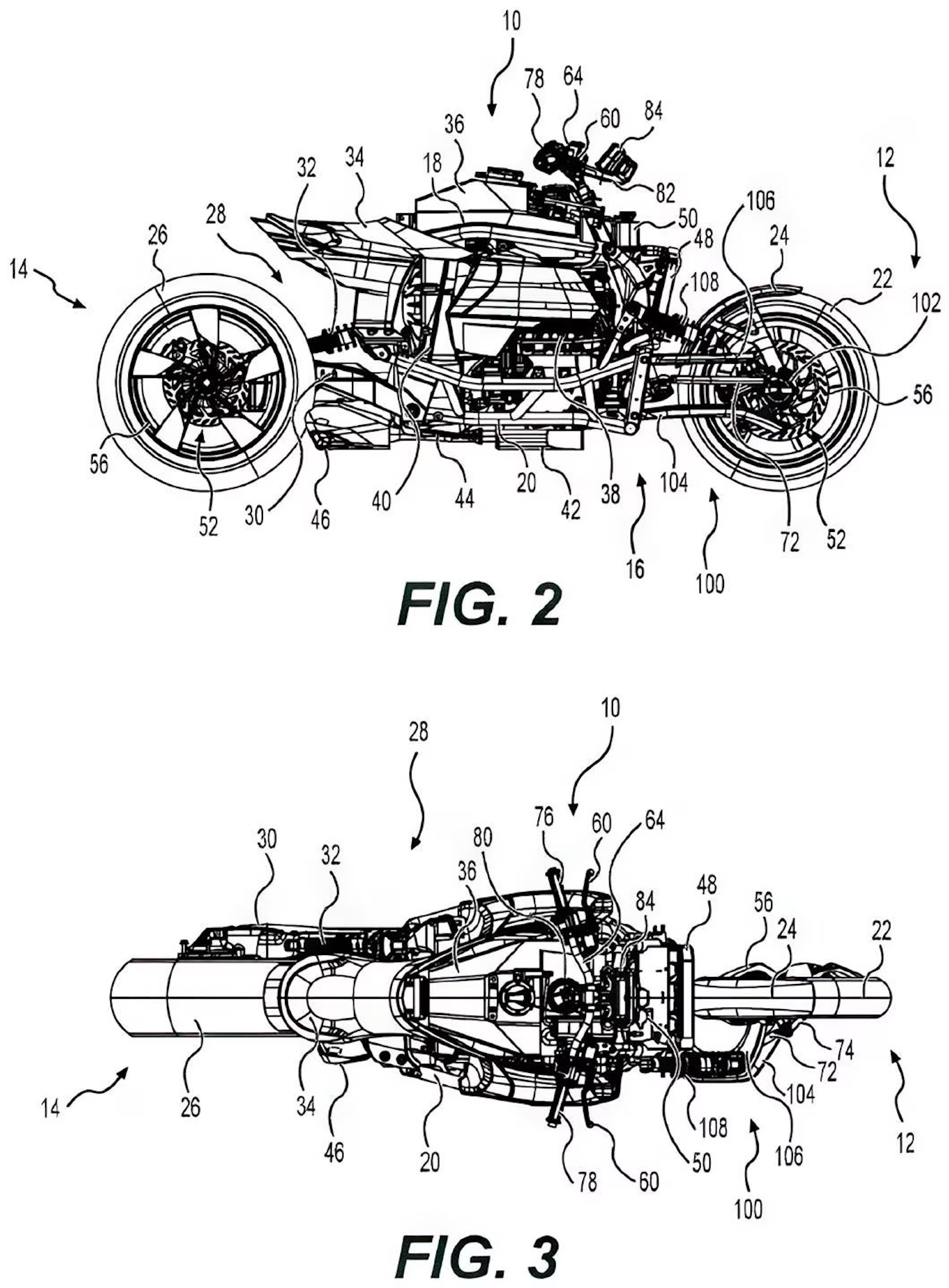 Patent images showing a hub-steering ICE bike underway in BRP's headquarters. Media sourced from CycleWorld.