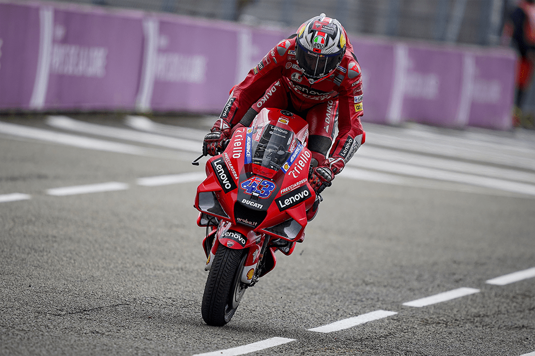 Australia MotoGP rider Jack Miller does a 'stoppie' on his Ducati race bike