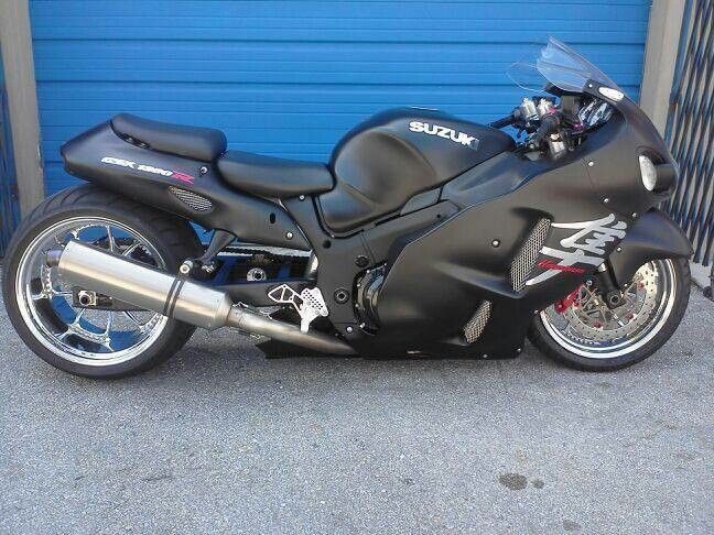 Matte Black custom Suzuki Hayabusa, with an extended swingarm.