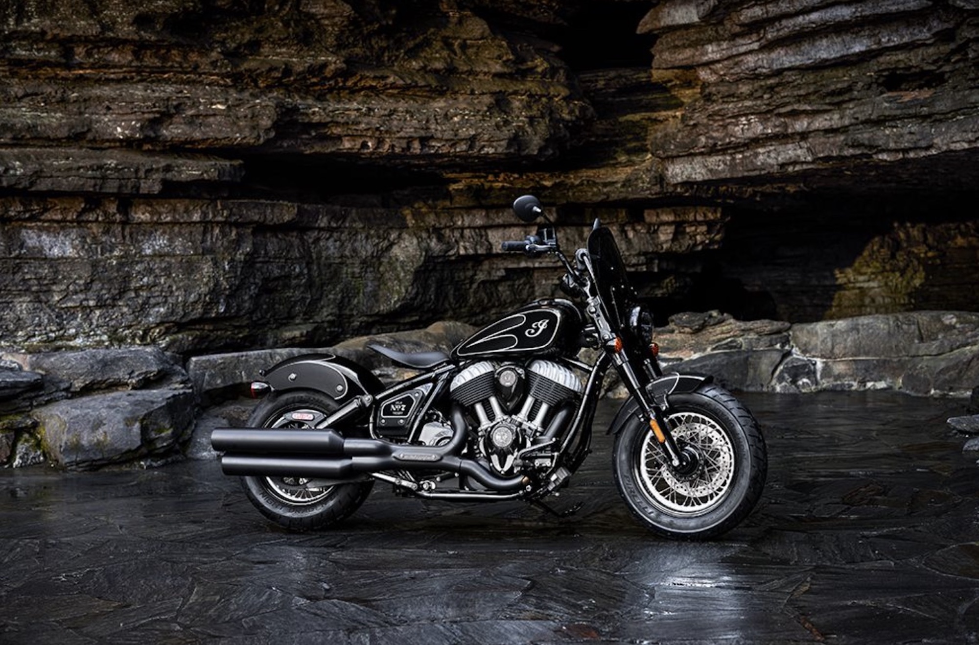 A view of Indian’s new Jack Daniels® Old No. 7®-Inspired, Limited-Edition Indian Chief Bobber Dark Horse, created also in collaboration with Klock Werkssm Kustom Cycles. Media sourced from Indian's website.