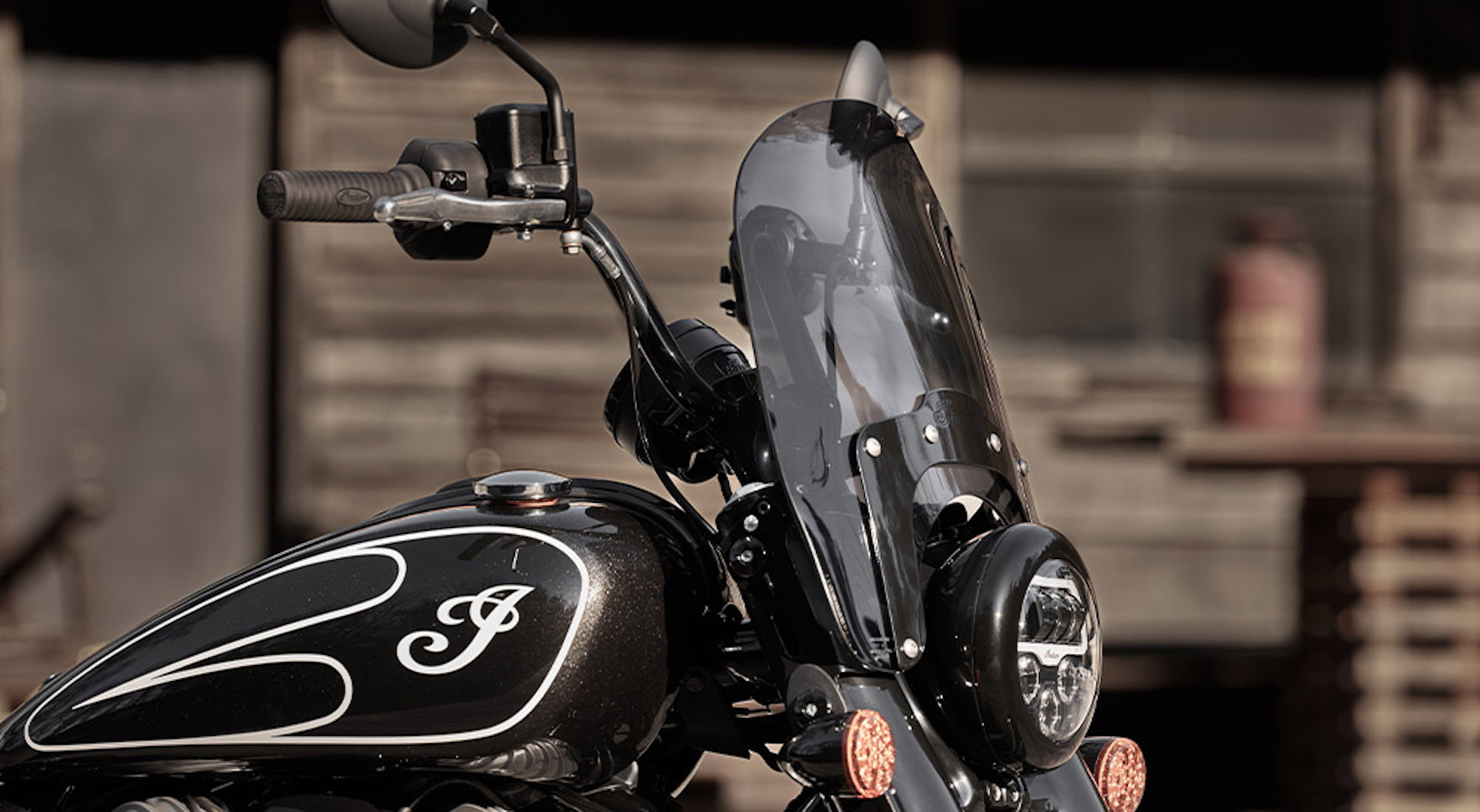 A view of Indian’s new Jack Daniels® Old No. 7®-Inspired, Limited-Edition Indian Chief Bobber Dark Horse, created also in collaboration with Klock Werkssm Kustom Cycles. Media sourced from Indian's website.