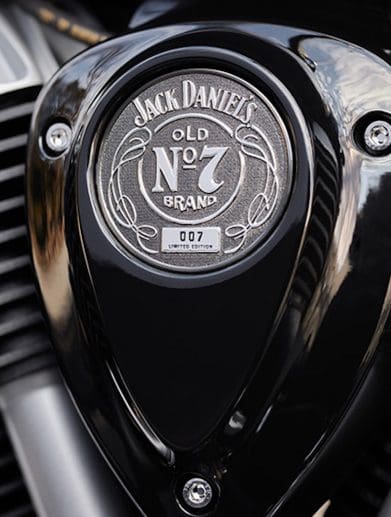 A view of Indian’s new Jack Daniels® Old No. 7®-Inspired, Limited-Edition Indian Chief Bobber Dark Horse, created also in collaboration with Klock Werkssm Kustom Cycles. Media sourced from Indian's website.