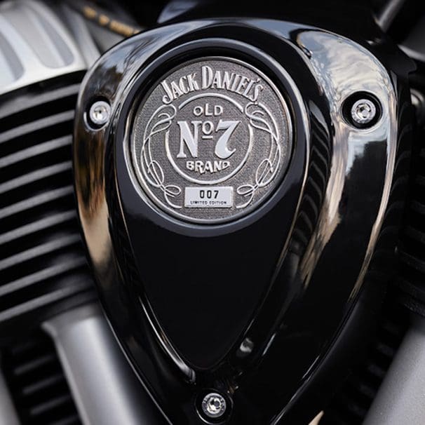 A view of Indian’s new Jack Daniels® Old No. 7®-Inspired, Limited-Edition Indian Chief Bobber Dark Horse, created also in collaboration with Klock Werkssm Kustom Cycles. Media sourced from Indian's website.