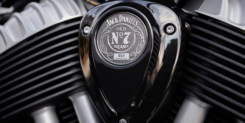 A view of Indian’s new Jack Daniels® Old No. 7®-Inspired, Limited-Edition Indian Chief Bobber Dark Horse, created also in collaboration with Klock Werkssm Kustom Cycles. Media sourced from Indian's website.