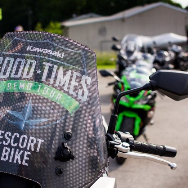 A Kawi bike being taken out for a spin during the Kawasaki Demo Days Tour. Media sourced from MLS Powersports LLC.