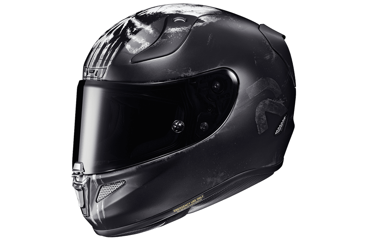 Side view of HJC RPHA 11 Pro Punisher helmet with tinted visor