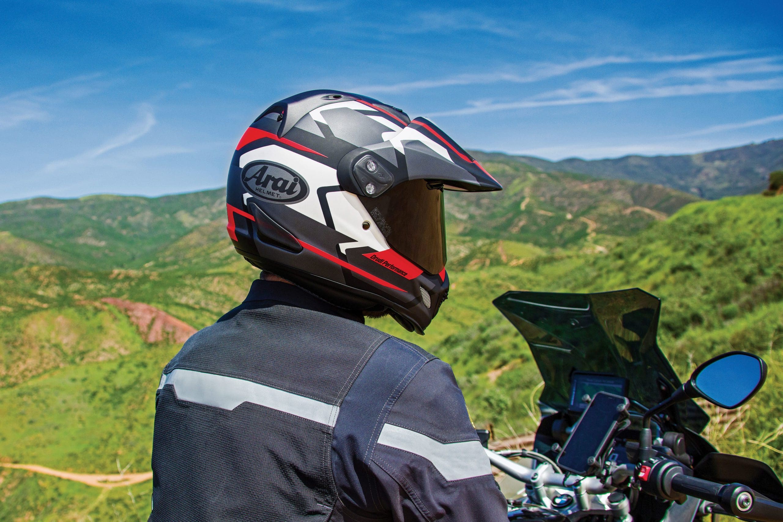 Rider wearing Arai XD4 helmet