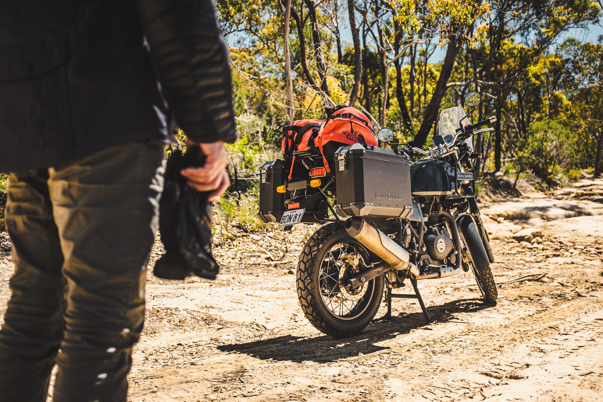 Daniel 'Beardy' McLaughlin and Royal Enfield Himalayan in the Sydney bush