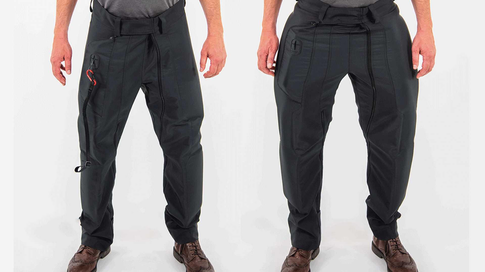 A front and rear view of the CX Free Rider airbag pants normal (left) and airbag deployed (right)
