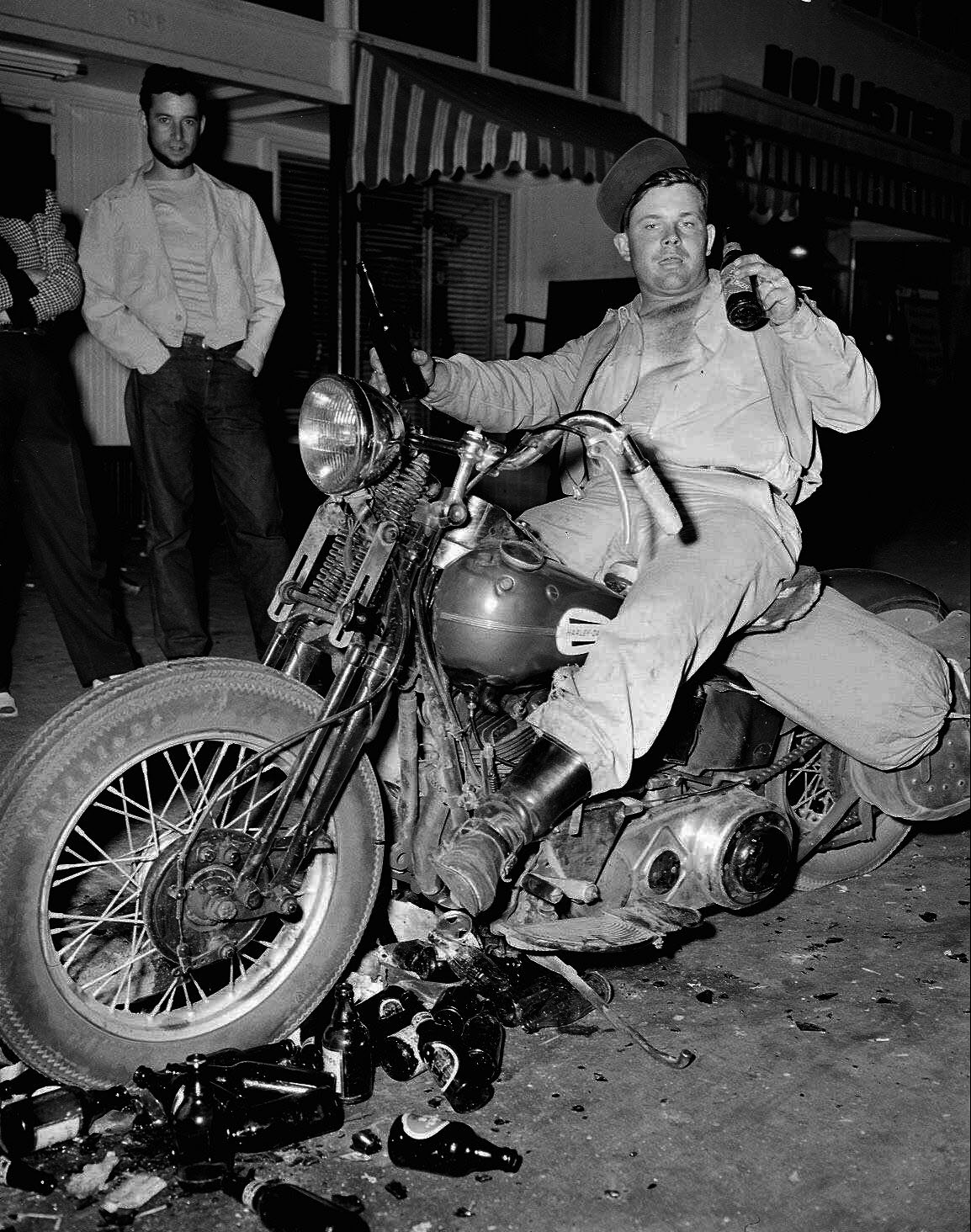 Eddie Davenport on a Harley Davidson at the Hollister Riots in California in 1947