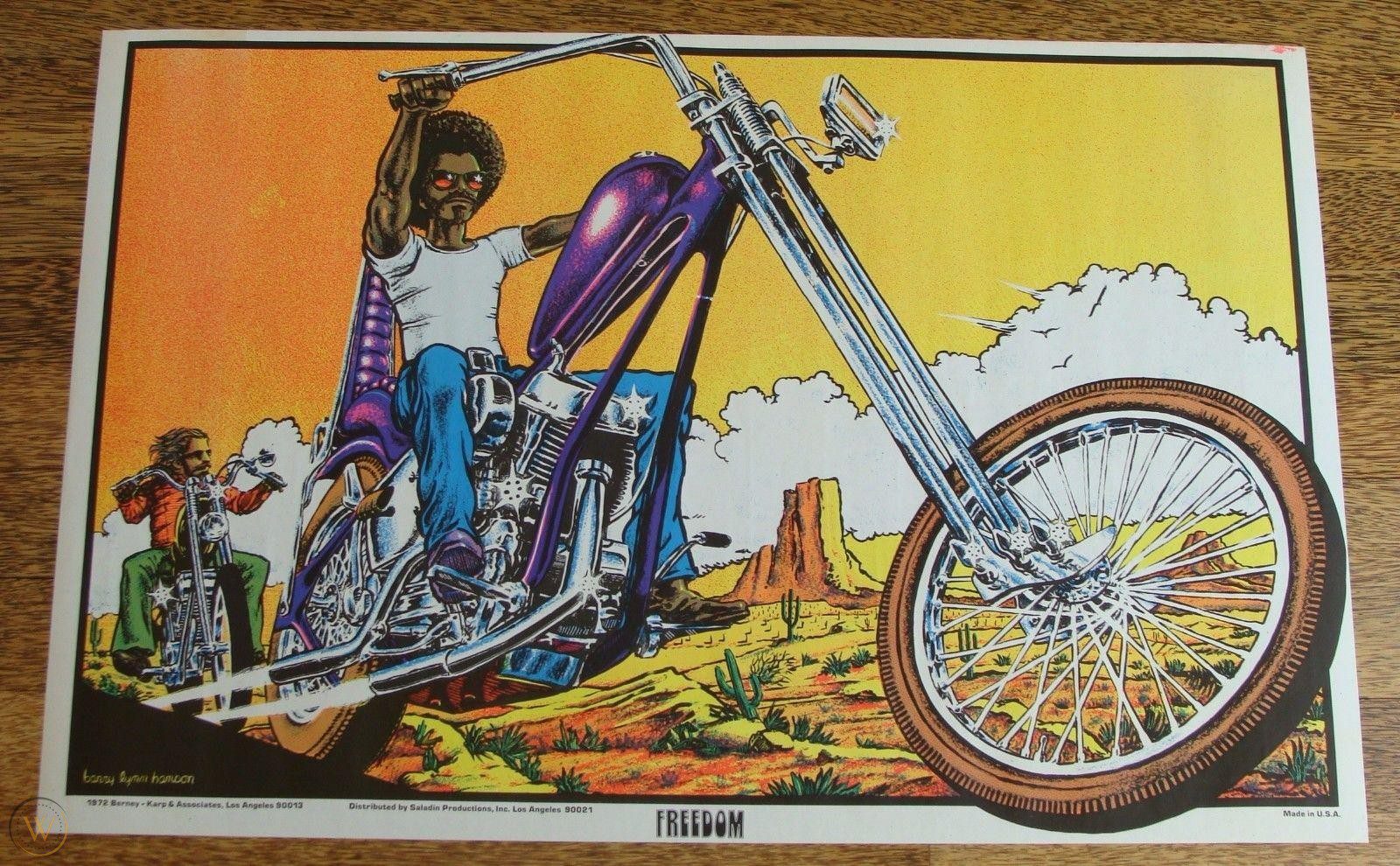A hippie poster showing a man riding a harley from the 1960s