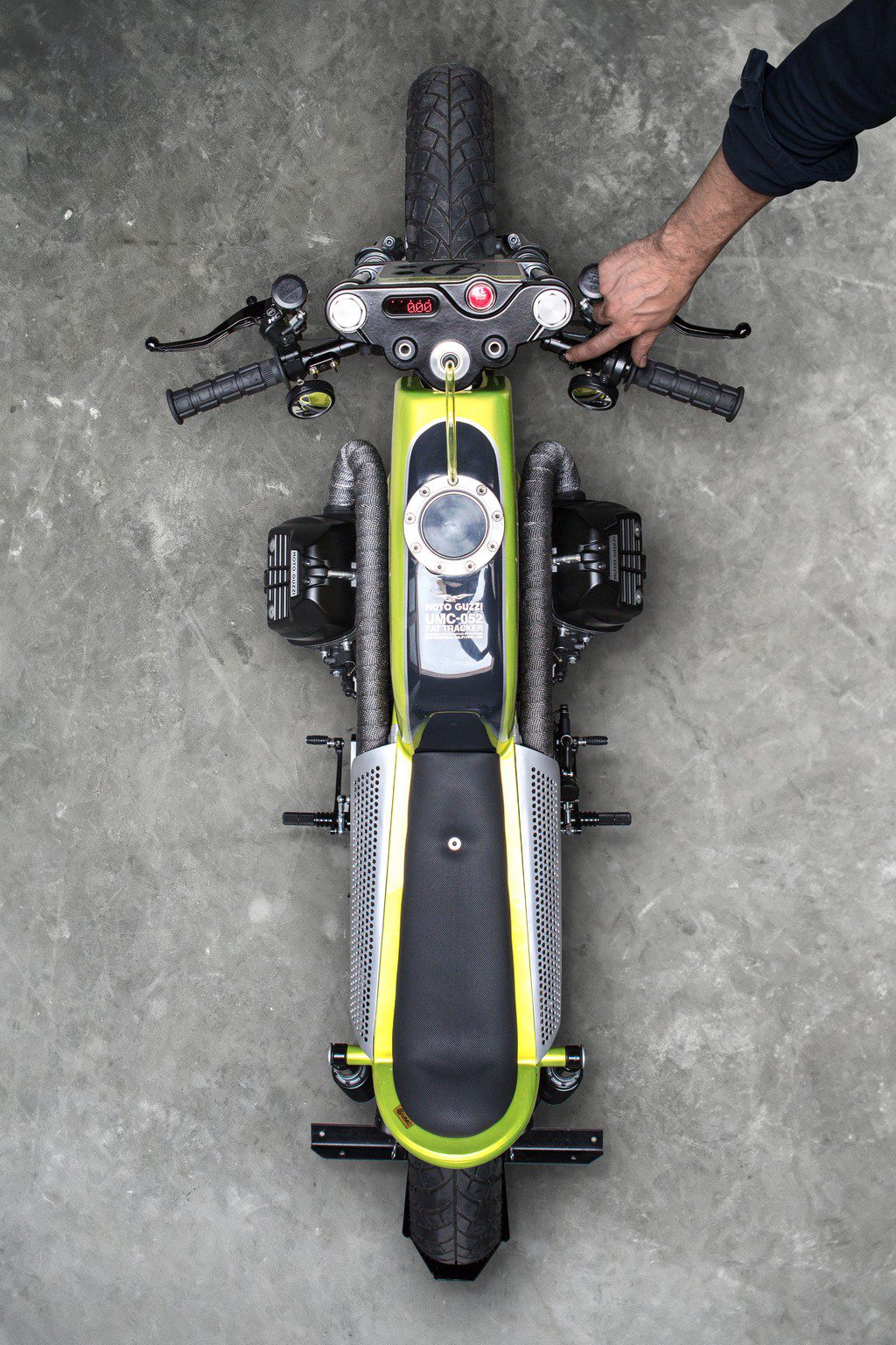 A top-down view of an Untitled Motorcycles' custom Moto Guzzi
