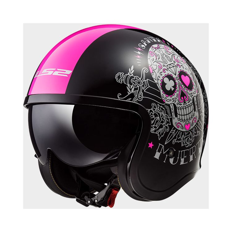 LS2 Spitfire Pink Muerte helmet with sugar skull design and pink stripe