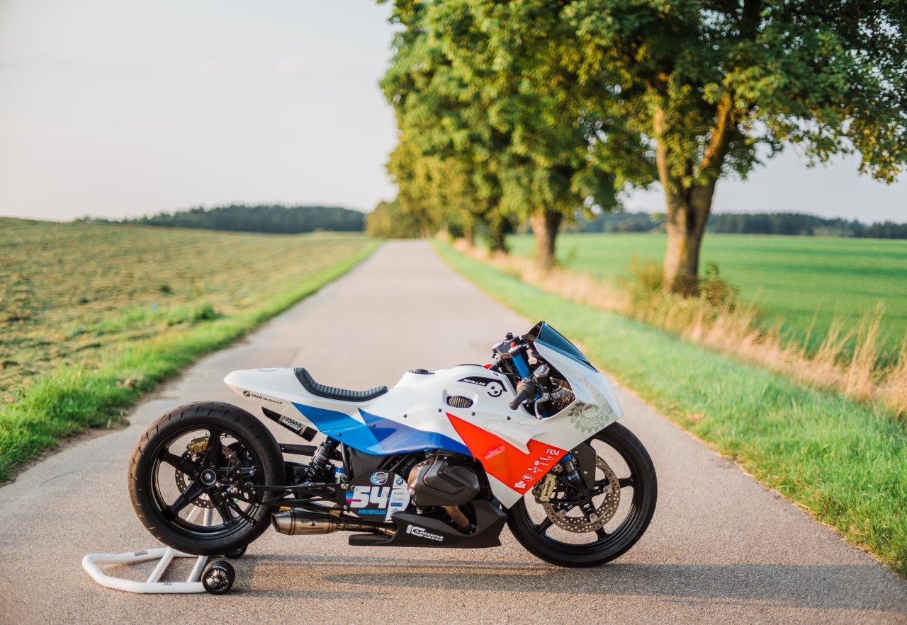 BMW sprint racing motorcycle on a country lane