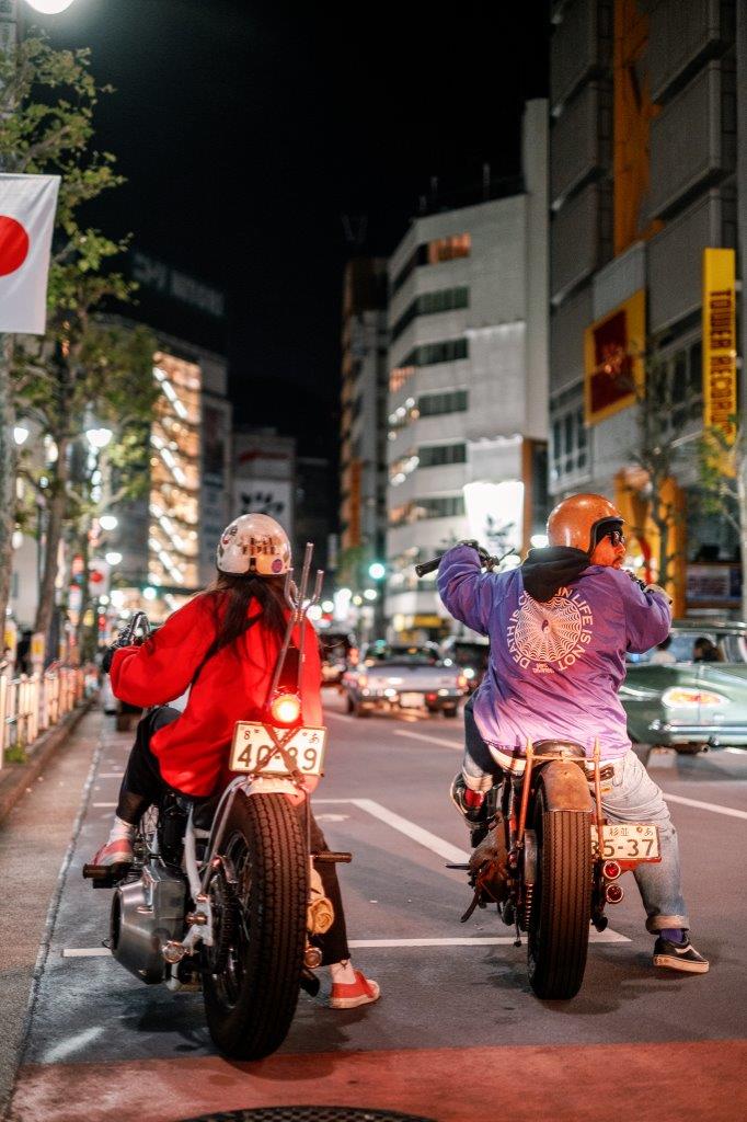 Two Harley-Davidson choppers on the streets of Tokyo