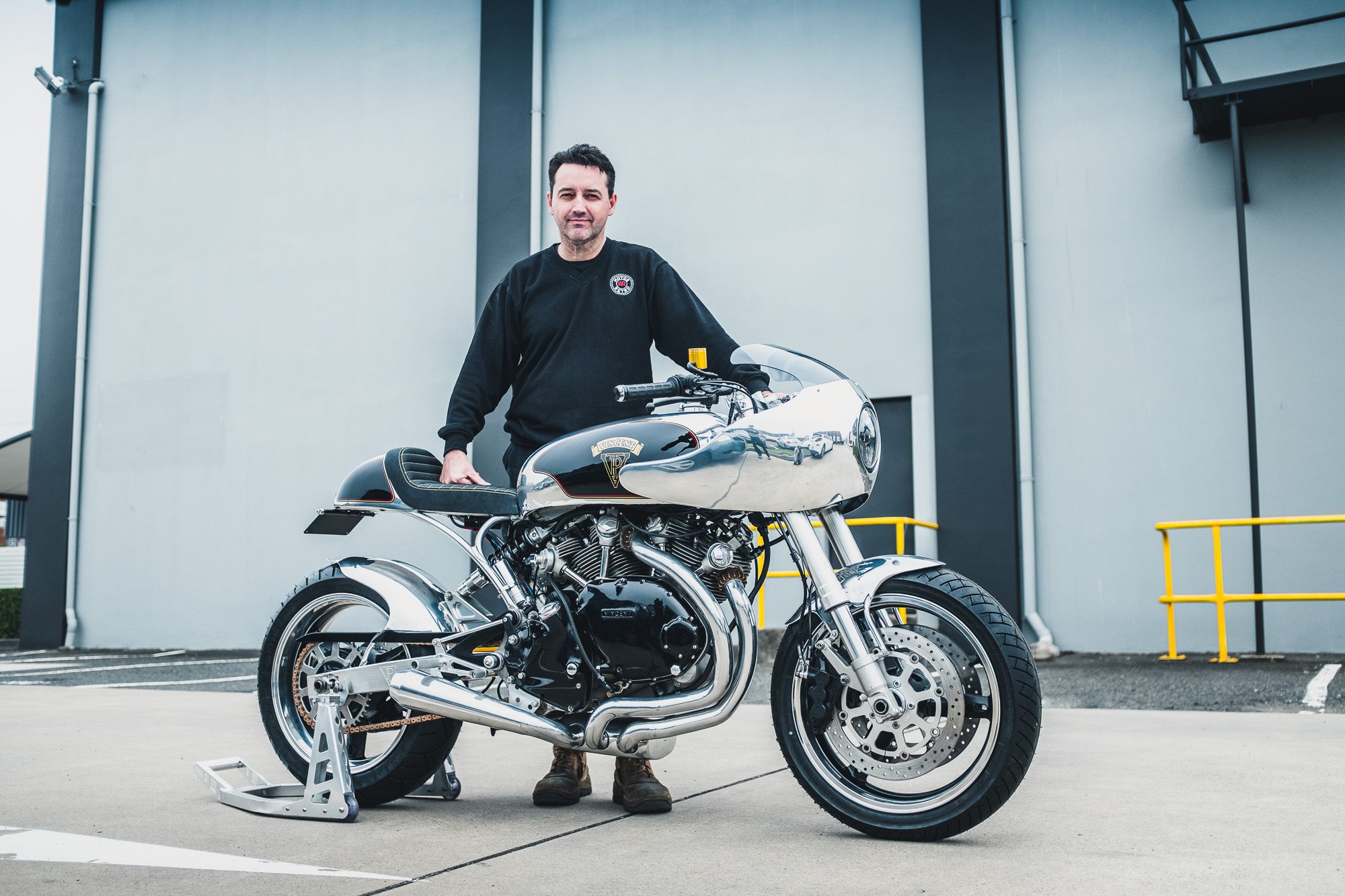 Vaughan Ryan from MotorRetro and the Vincent Black Shadow he recently built for a customer in Sydney