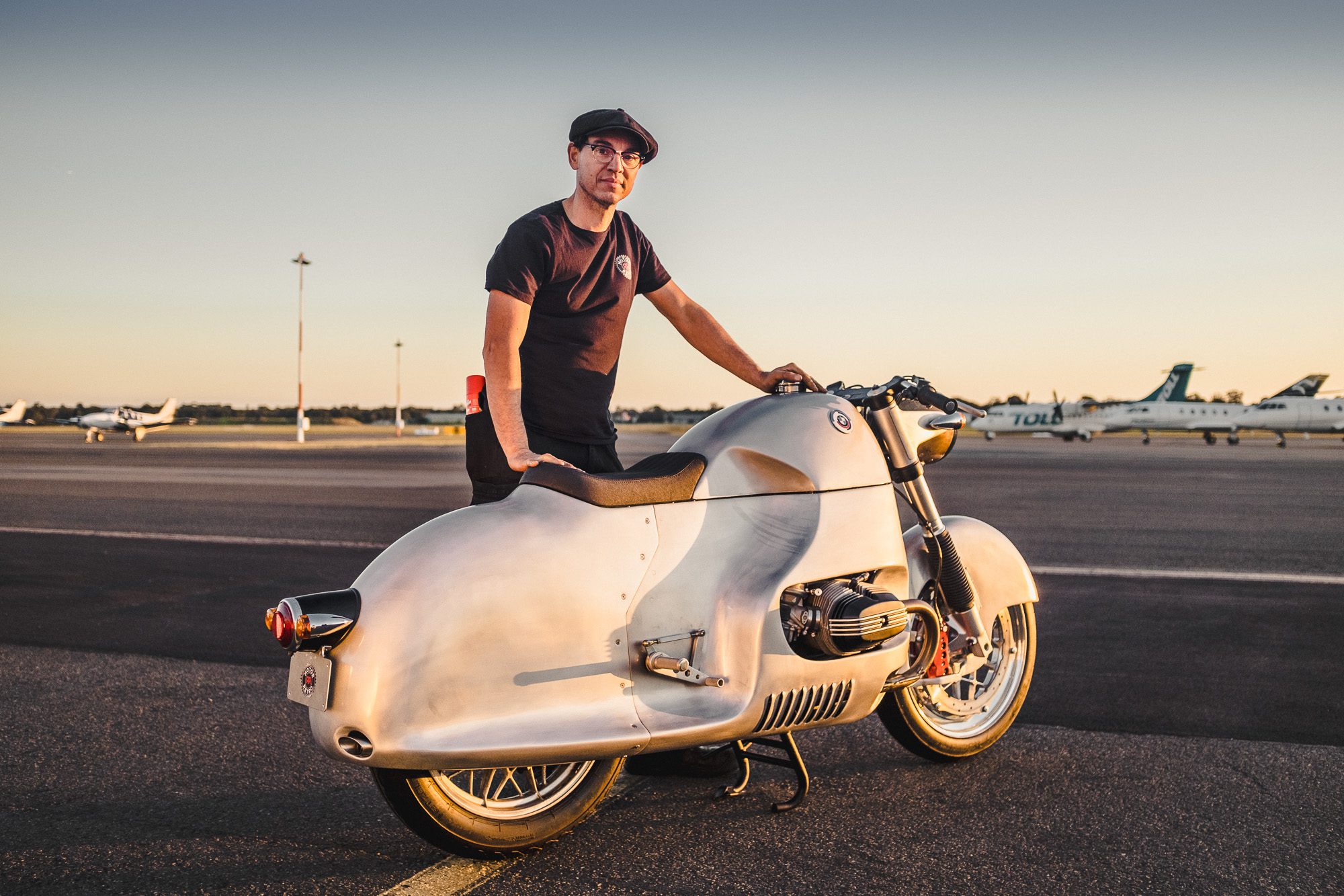 Georgio Rimi from MotorRetro and his 'Aero' BMW R100RS streamliner at Bankstown airport in Sydney