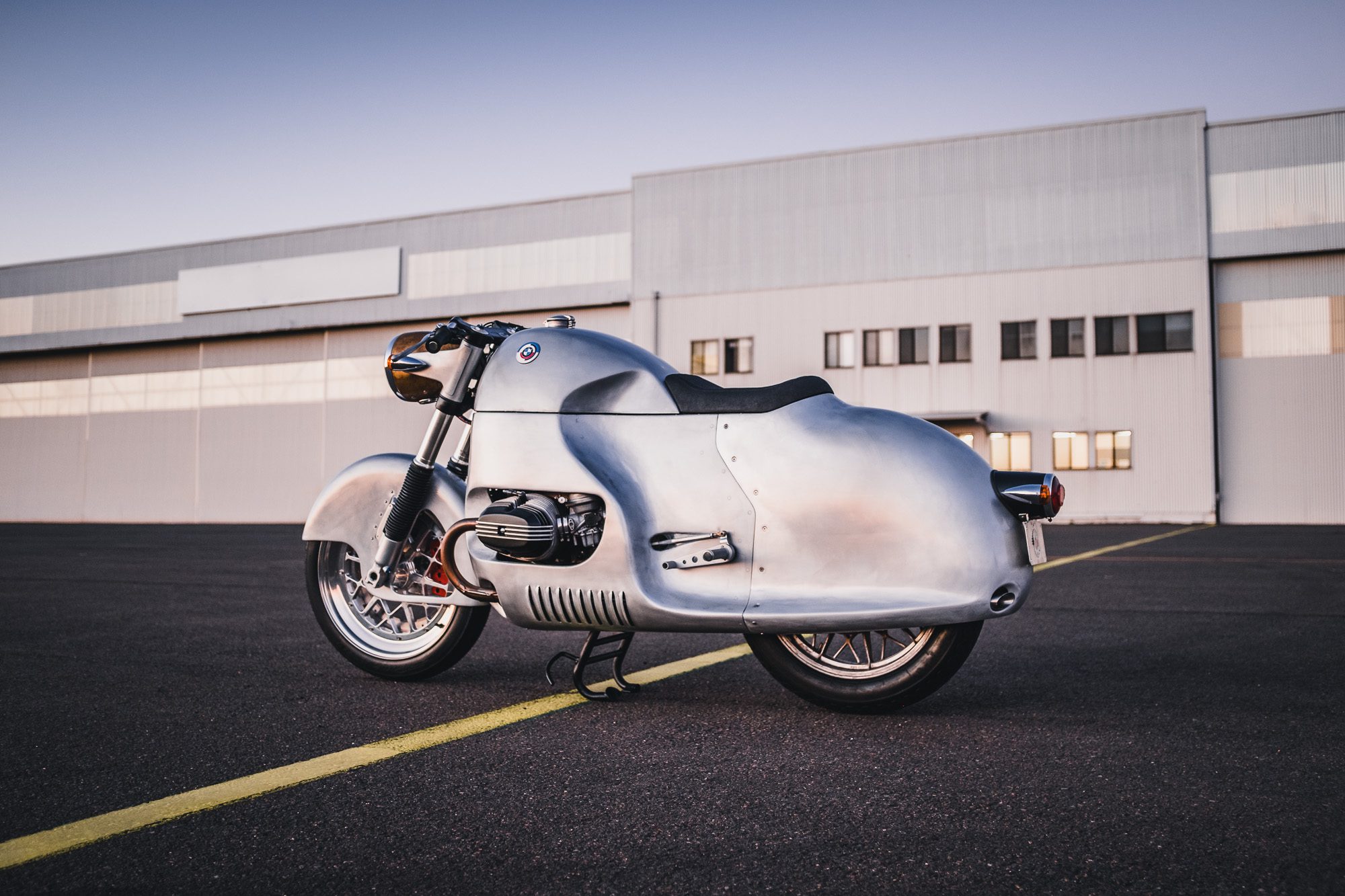 A custom BMW R100RS motorcycle with a full aerodynamic fairing by MotorRetro Sydney