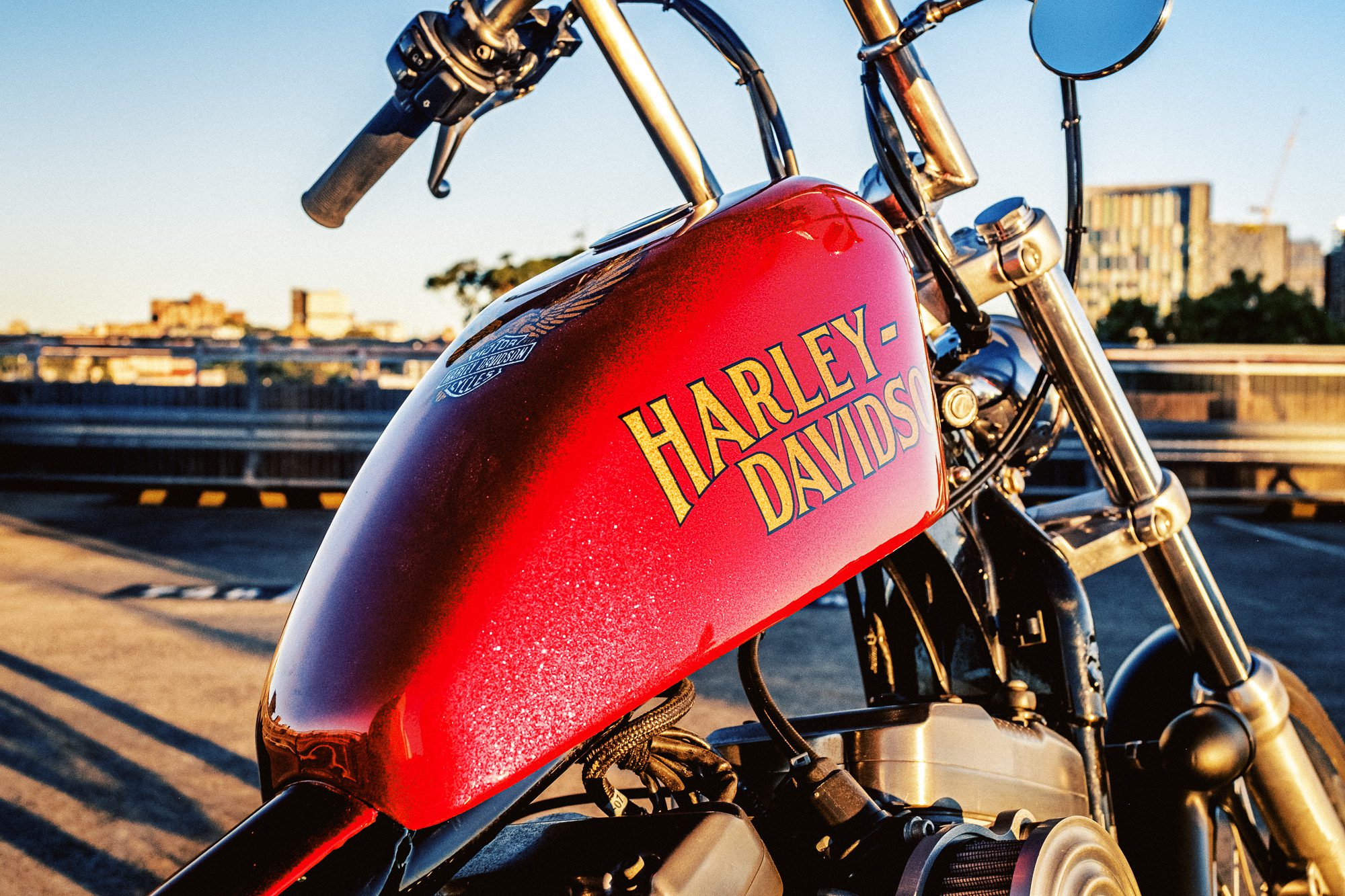 Close up of gas tank on Harley-Davidson XLH chopper in Sydney