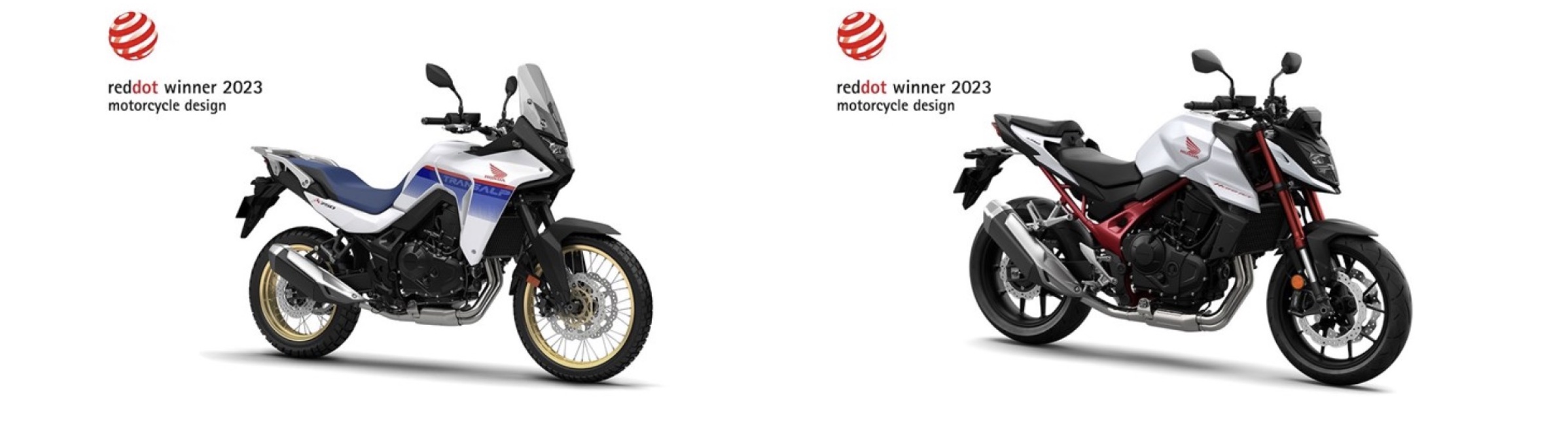 Honda's Red Dot winners: The new Hornet, and XL750 Transalp. Media sourced from Motorcycle Sports.