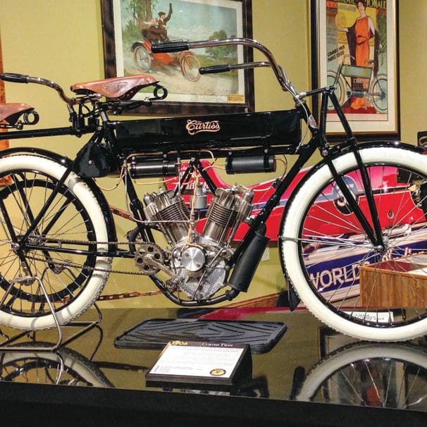 A 1906 Curtiss Twin, present at the collections of Iowa's National Motorcycle Museum. Media sourced from the NMM.