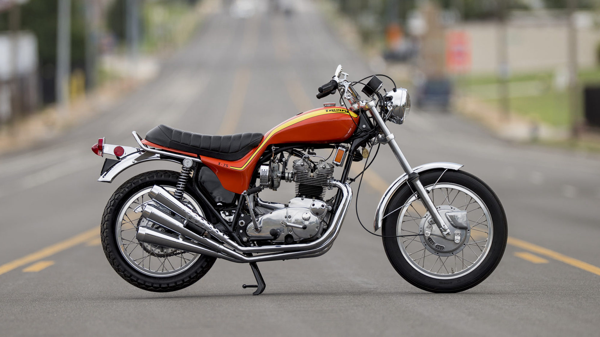 A 1973 Triumph X75 Hurricane. Media sourced from Mecum Auctions. 