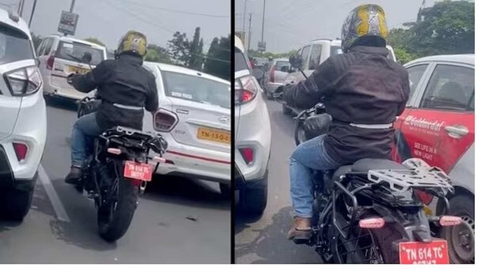 A view of the Royal Enfield Himalayan 450, purportedly stuck in traffic. Media sourced from HT Auto. A view of the Royal Enfield Himalayan 450, purportedly stuck in traffic. Media sourced from HT Auto.