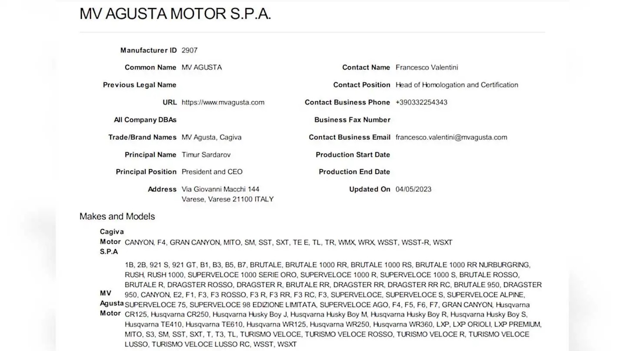 Filings showing a list of MV Agusta models being updated, including the 921 S concept. Media sourced from RideAPart.