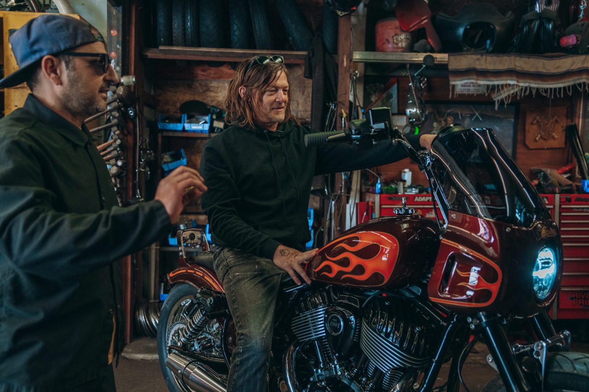 “Walking Dead” actor Norman Reedus' new custom Sport Chief from Indian's "Forged" series. Media sourced from Indian.