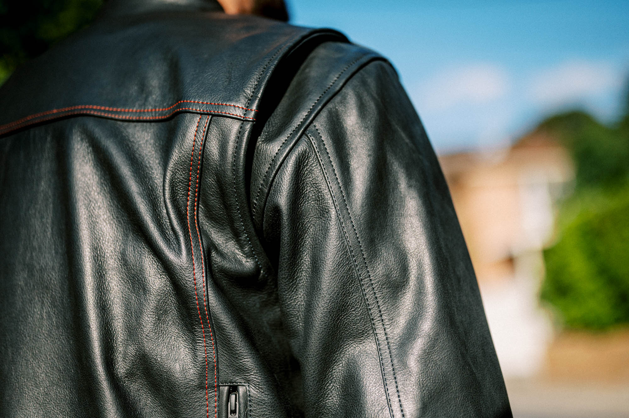 Black Pup Moto's new Rumbler Jacket on a rider - detail shot Black Pup Moto's new Rumbler Jacket on a rider - detail shot