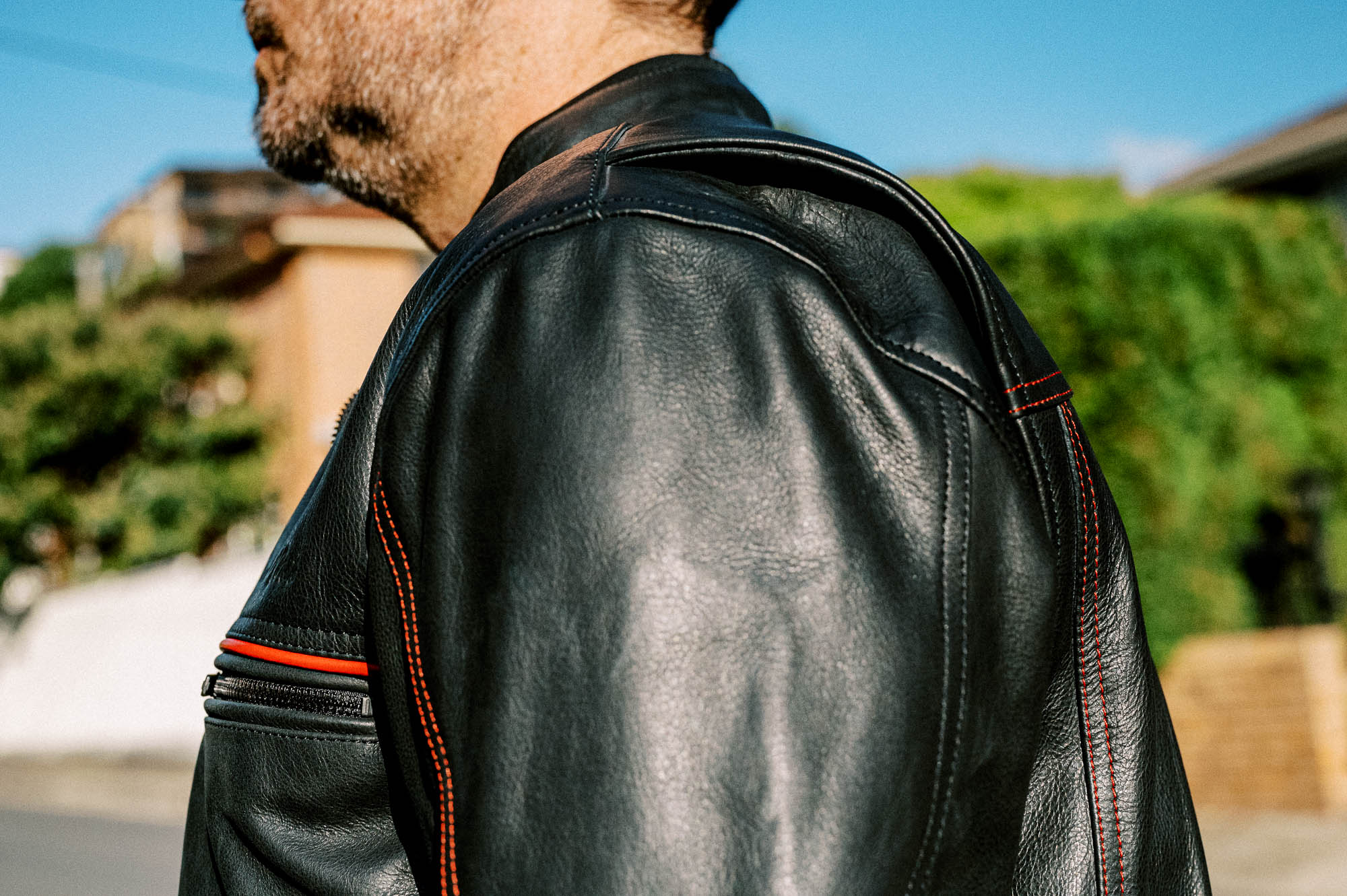Black Pup Moto's new Rumbler Jacket on a rider - detail shot Black Pup Moto's new Rumbler Jacket on a rider - detail shot