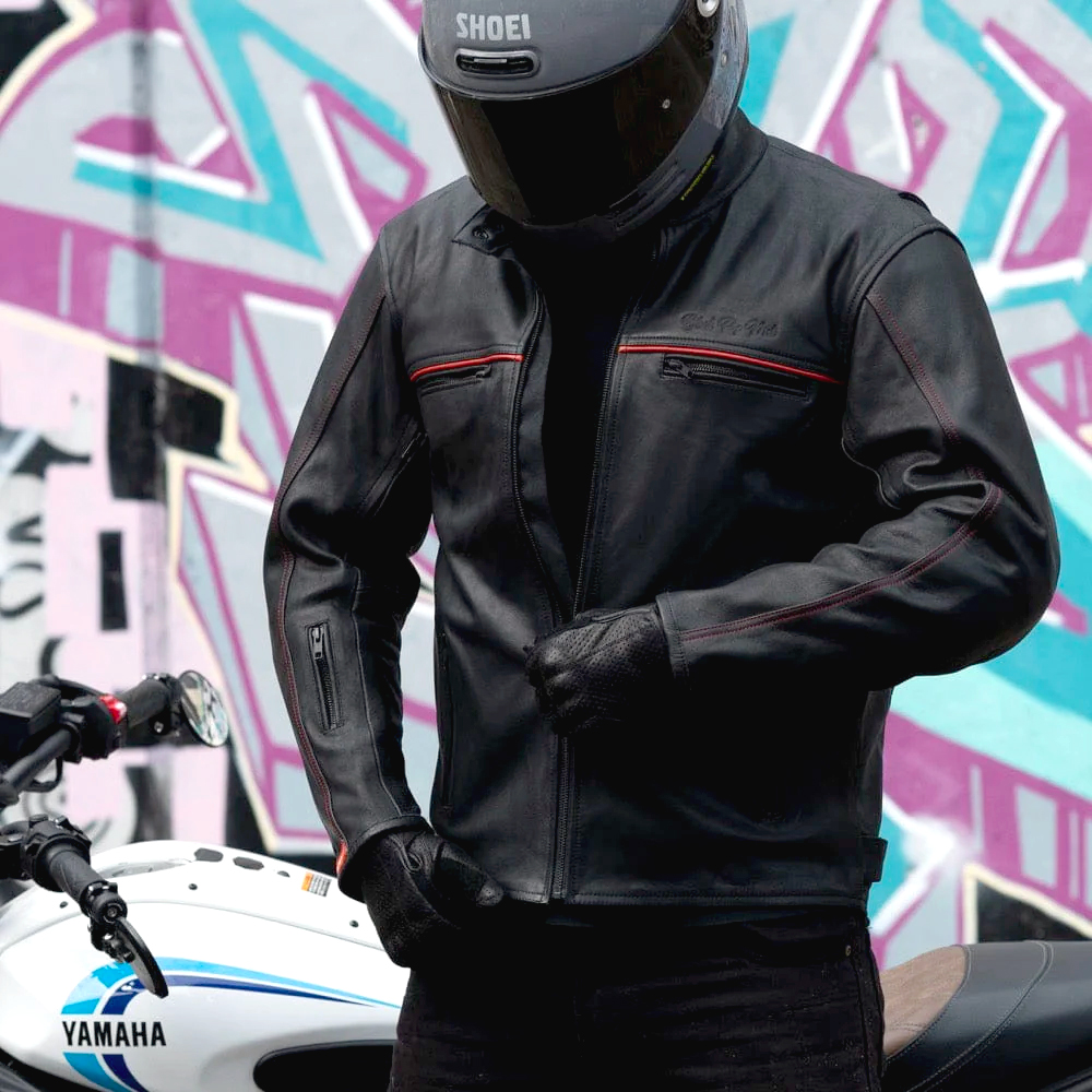 Black Pup Moto's new Rumbler Jacket on a rider
