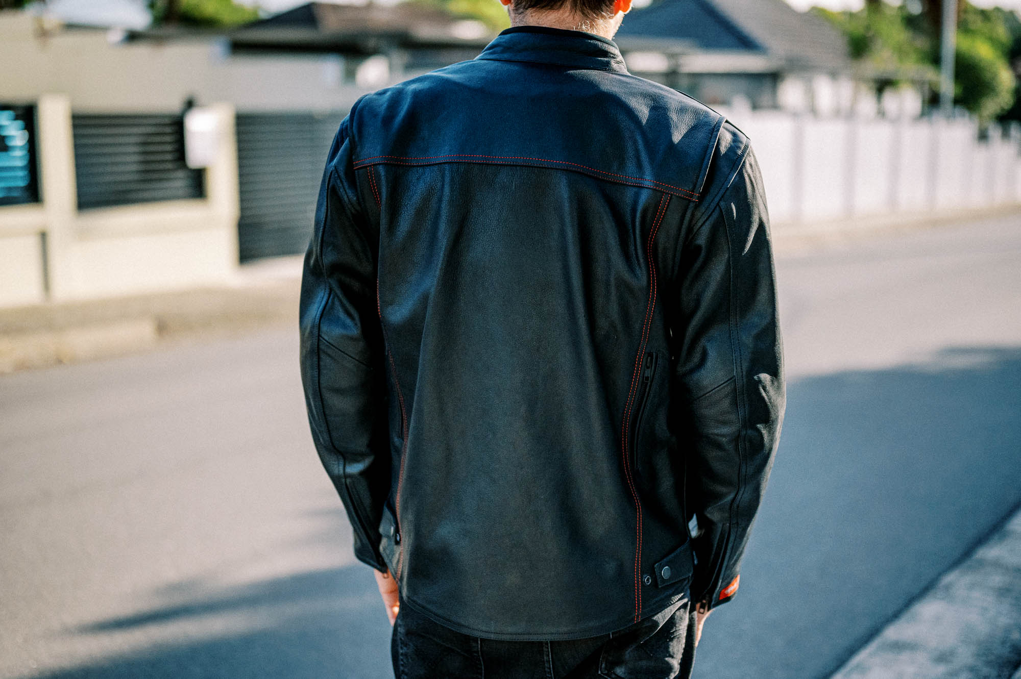 Black Pup Moto's new Rumbler Jacket outdoors Black Pup Moto's new Rumbler Jacket outdoors
