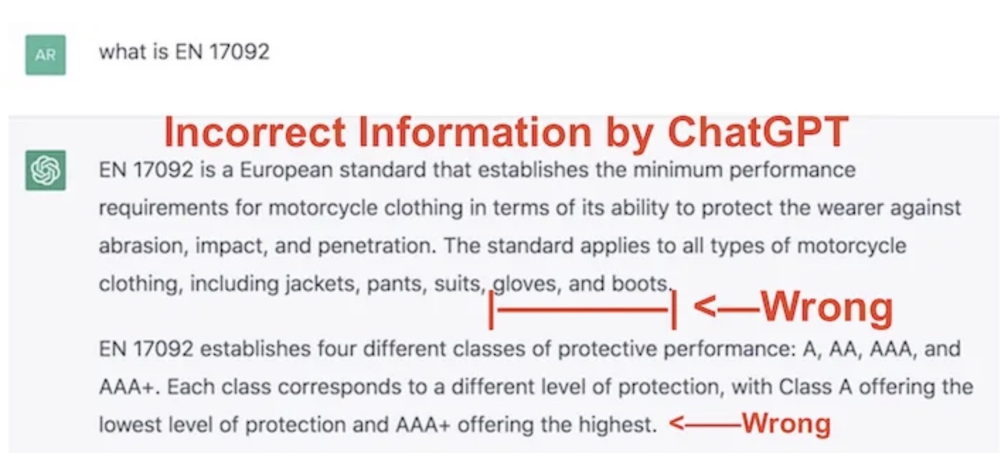 Motorcycle Gear Hub's question to ChatGPT, - one of many that rendered a wrong answer. Media sourced from McGearHub.