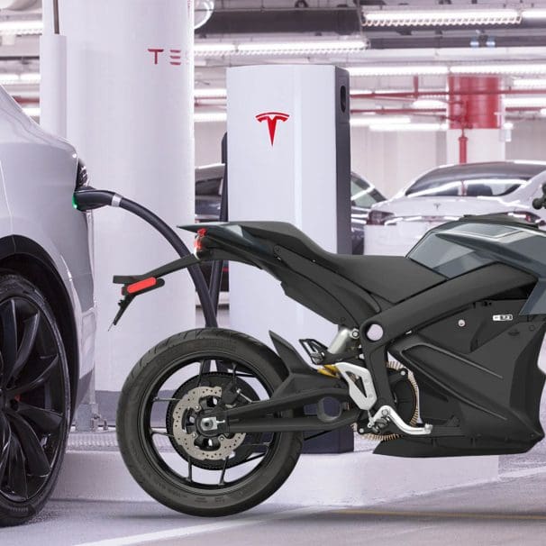 A Zero motorcycle next to a Tesla Supercharger station. Media sourced from Zero Motorcycles and Teslarati.