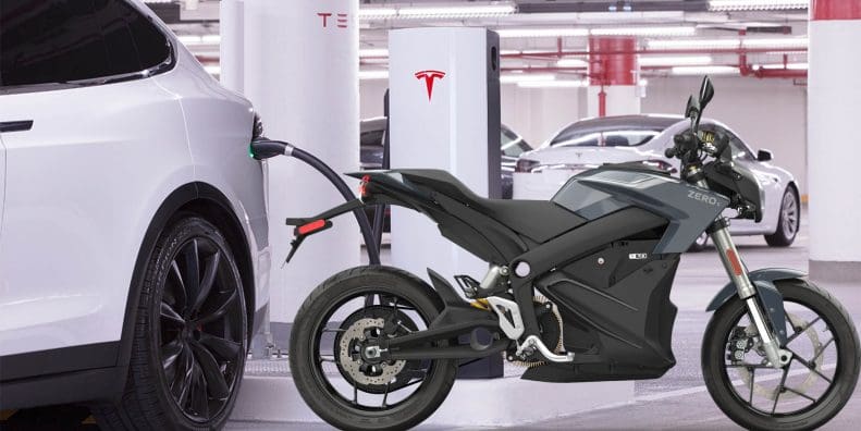 A Zero motorcycle next to a Tesla Supercharger station. Media sourced from Zero Motorcycles and Teslarati.