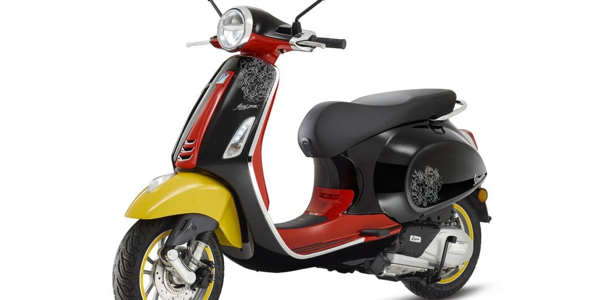 Vespa's 2023 Disney Mickey Mouse Edition scooter, built upon the brand's Primavera model. Media sourced from Piaggio's recent press release.