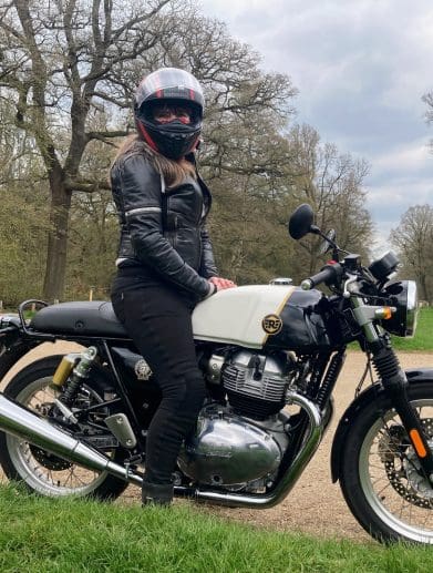 Side view of rider on Royal Enfield Continental GT650