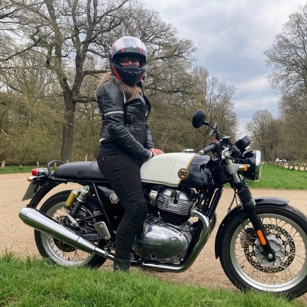 Side view of rider on Royal Enfield Continental GT650