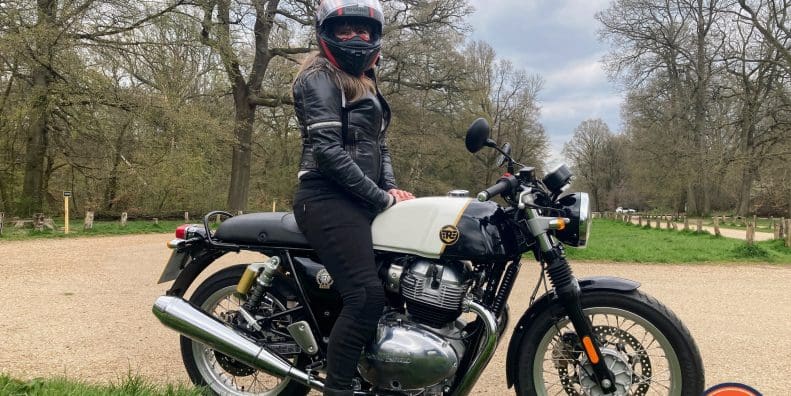 Side view of rider on Royal Enfield Continental GT650