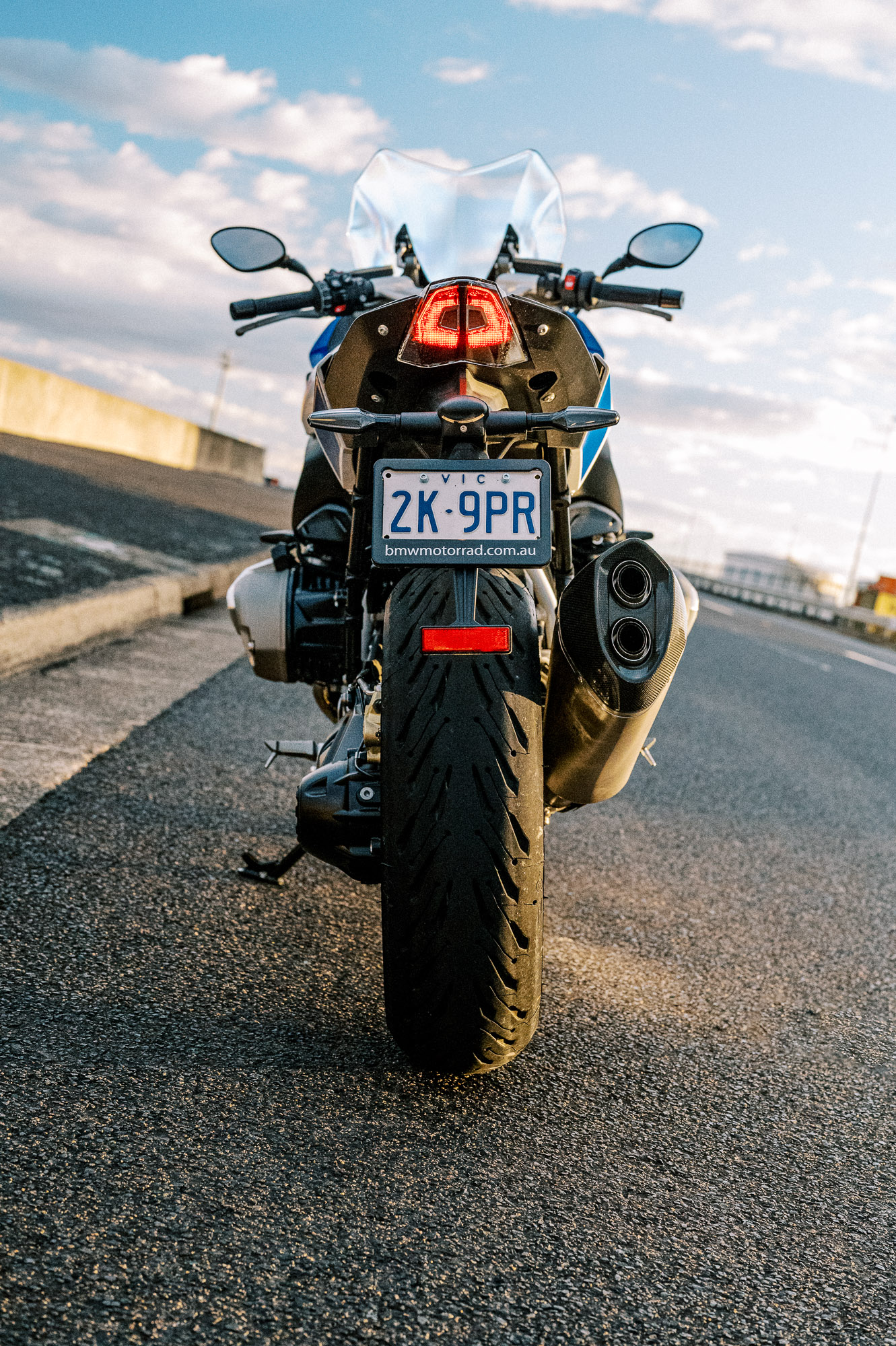 BMW's 2023 R 1250 RS motorcycle parked at sunset in Sydney