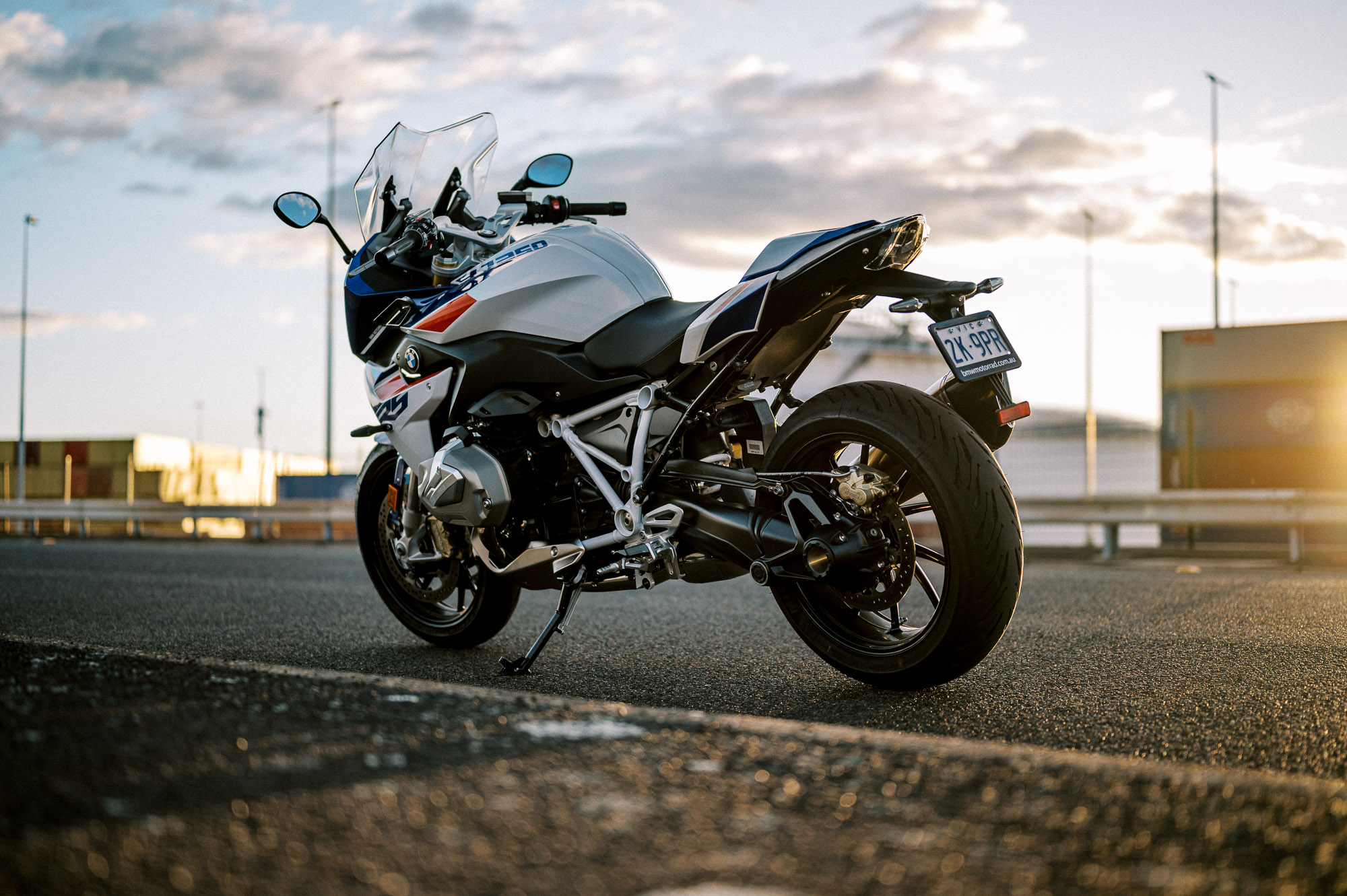 BMW's 2023 R 1250 RS motorcycle parked at sunset in Sydney