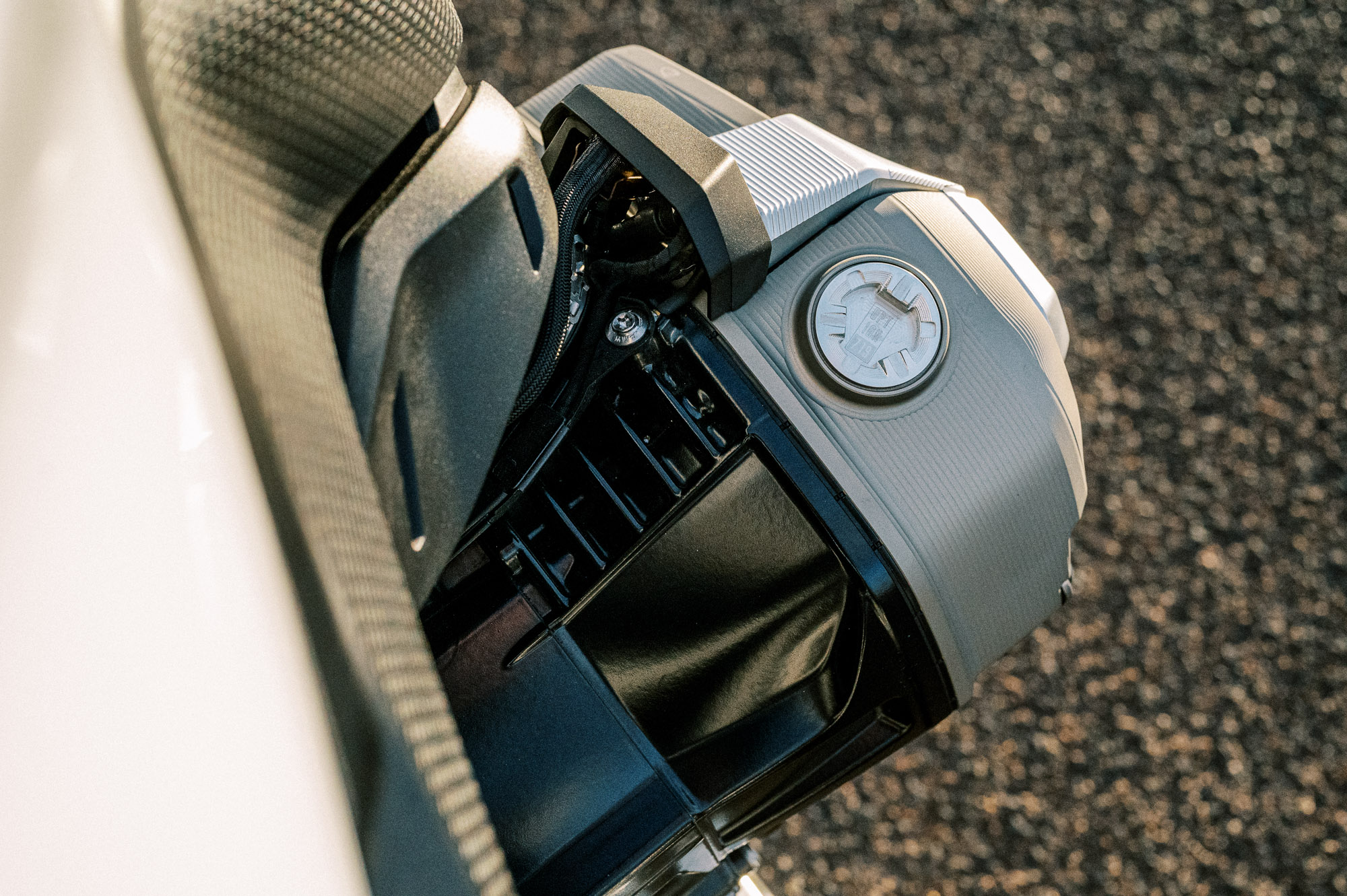 a detail of BMW's 2023 R 1250 RS motorcycle parked at sunset in Sydney