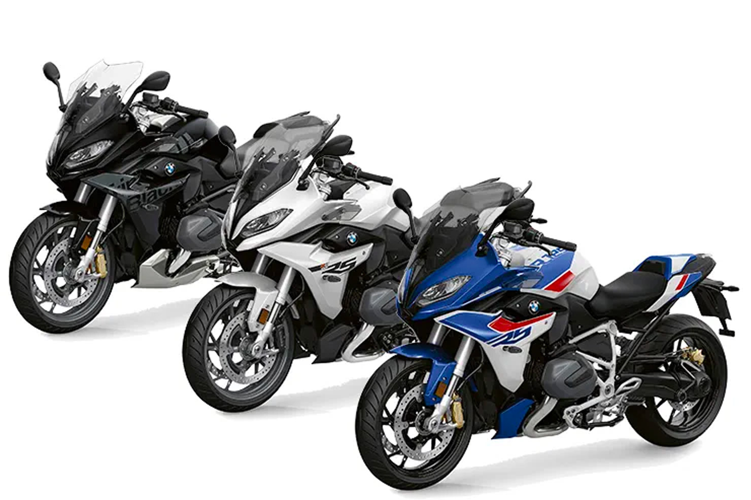 BMW's 2023 R 1250 RS motorcycles in black, white and tri-colour