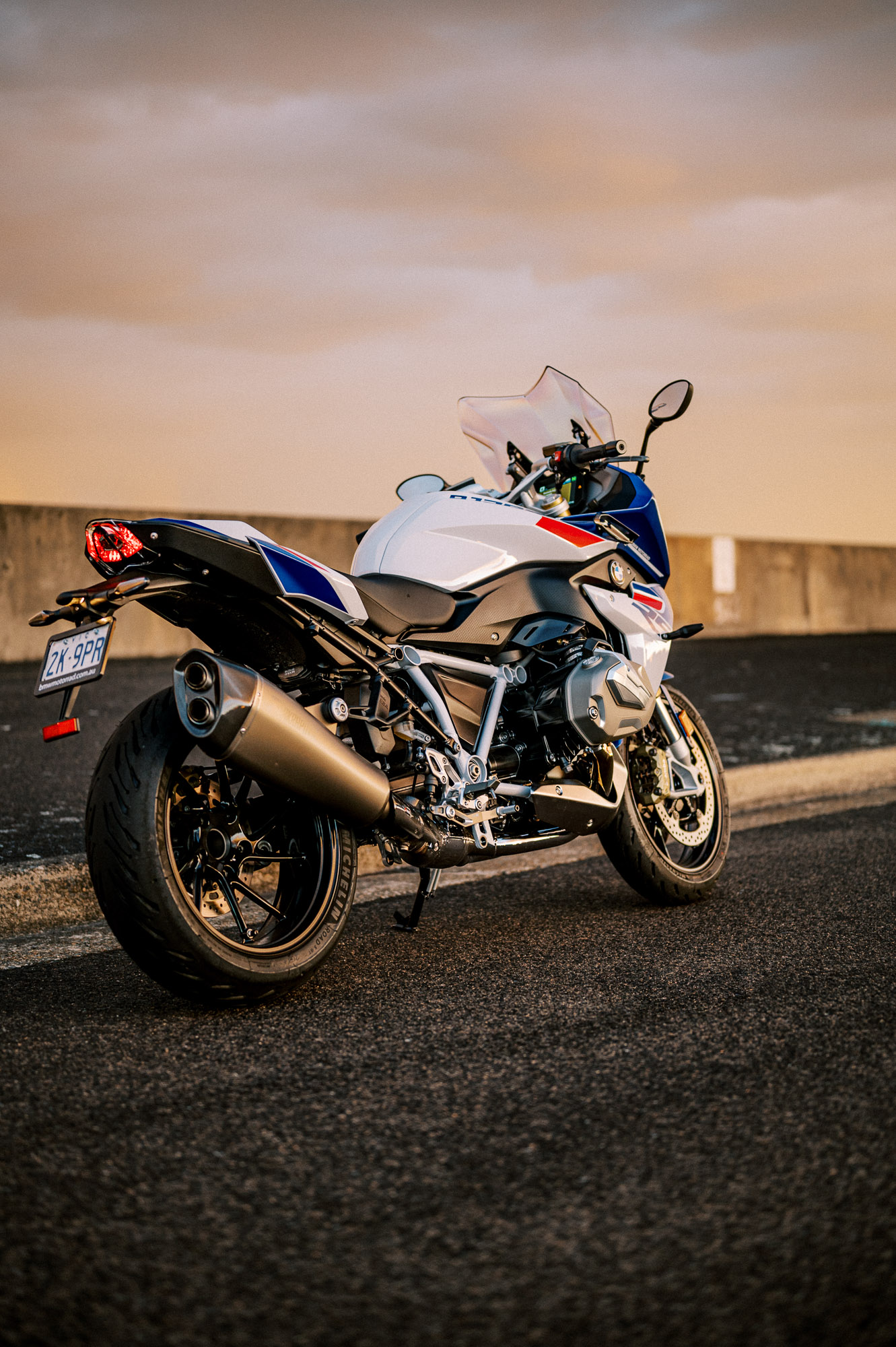 BMW's 2023 R 1250 RS motorcycle parked at sunset in Sydney